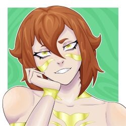 1female 1girls aza19 brown_hair female gold golden_eyes grin sharp_teeth solo_female tattoo