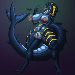 1:1 absurd_res anthro areola big_areola big_breasts big_nipples breasts clitoris erect_clitoris female genitals glowing hi_res huge_breasts huge_clitoris monster muscular muscular_female nipples plump_labia pussy rashchaos sea_monster solo steam tagme thick_thighs tongue