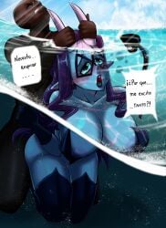 1boy1girl alter_ego asphyxiation big_breasts blue_face breasts breath_play commission d.violet_(skullgirls) demon_girl drowning gloves horns mask milf nipples purple_hair purple_skin sea skullgirls tail thighhighs underwater vicdezart