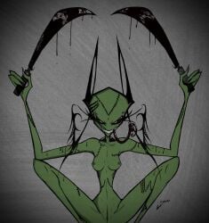 alien antennae_(anatomy) blood bodily_fluids breasts claws darkryn_(artist) female genitals grin hi_res humanoid invader_zim irken machete melee_weapon nickelodeon nipples piercing presenting presenting_pussy pussy sharp_teeth sitting smile surgical_suture teeth threatening_with_weapon tongue tongue_out vyk_(ryn) weapon