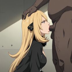 1boy 1girls ai_generated blonde_hair blowjob cynthia_(pokemon) dark-skinned_male dark_skin deepthroat female interracial male pokemon pokemon_dppt source_request