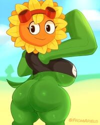 1girls 2024 2d 2d_(artwork) ass big_ass big_breasts big_butt big_thighs breasts dat_ass day daytime female fromariels grass green_skin huge_breasts looking_at_viewer looking_back looking_pleasured plants_vs_zombies shiny_ass shiny_butt shiny_hair shiny_skin shortstack skimpy skimpy_clothes solar_flare_(pvz) solo solo_female sunflower sunny thighs