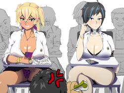 2girls axezon big_breasts black_hair blonde_hair classroom cleavage dark-skinned_female dark_skin flashing gyaru hi_res kaya_(axezon) large_breasts light-skinned_female original pinky_(axezon) school_uniform teacher teacher_and_student teasing teenager