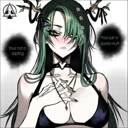 1girls antlers bra breasts ceres_fauna cleavage dialogue dizzle_tan goth goth_girl green_hair hololive hololive_english horn insult insulting_viewer solo speech_bubble text underwear virtual_youtuber