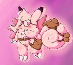 2_toes 3_fingers accessories_only bag belt_buckle belt_pouch big_tail blush blush_lines buckle clair_the_clefable claws clefable darkened_genitalia eyewear eyewear_only feet female finger_claws fingers generation_1_pokemon genitals glasses glasses_only hair hair_over_eye nintendo nude on_one_leg pink_body pink_eyes pink_wings pokemon pokemon_(species) pussy red_eyewear red_glasses semi-anthro solo standing straps tail thine_dude toe_claws toes wearing_glasses wings