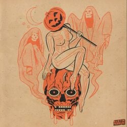 1girls 2023 artist_logo artist_name austin_pardun bodypaint breasts breasts_out ghost halloween jack_o'_lantern mask medium_breasts nipples nude_female orange_theme original original_character pinup skull solo solo_female solo_focus vintage