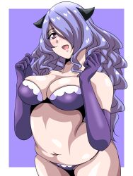 1girls :d bare_thighs bra breasts camilla_(fire_emblem) cleavage elbow_gloves female female_only fire_emblem fire_emblem_fates gloves hair_over_one_eye horns inabakun00 large_breasts long_hair nintendo open_mouth panties pink_eyes purple_bra purple_hair purple_panties smile solo thighs underwear very_long_hair