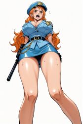 ai_generated alluring big_breasts blush breasts brown_eyes cleavage female female_only kneeling long_hair looking_at_viewer nami nami_(one_piece) one_piece open_mouth orange_hair police_hat police_officer police_uniform policewoman seducing seduction seductive seductive_body seductive_eyes seductive_gaze seductive_look seductive_mouth seductive_pose shiny_hair shiny_skin skirt sweat sweatdrop sweating sweaty sweaty_body voluptuous voluptuous_female yashin