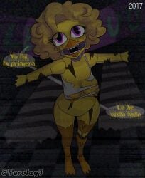 animatronic anthro avian bird blonde_hair breasts camera_view chica_(fnaf) chicken clothed clothing detailed_background digital_drawing_(artwork) digital_media_(artwork) female five_nights_at_freddy's five_nights_at_freddy's_2 galliform gallus_(genus) hair hi_res looking_at_viewer machine partially_clothed phasianid pink_eyes robot ruined_clothing ruined_makeup scottgames solo torn_clothing withered_chica yellow_body yerolay