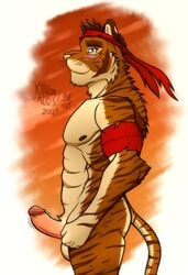 abs anthro balls biceps duskshield felid fur genitals hi_res humanoid_genitalia male mammal muscular muscular_anthro muscular_male nude orange_body orange_fur pantherine penis pose side_view solo tiger white_body white_fur