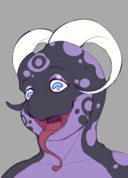 2024 2_horns amphibian anthro biped black_body blue_eyes curved_horn frog hi_res horn koofdragon long_tongue male open_mouth purple_body solo tongue