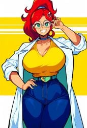 1girls ai_generated choker dan16369336 facing_viewer female female_only fully_clothed glasses green_eyes hair_ornament hand_on_hip jeans johnny_test_(series) lab_coat labcoat large_breasts long_hair mary_test red_hair redhead solo tagme twitter_link voluptuous_female warner_brothers