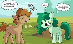 2024 absurd_res balls earth_pony english_text equid equine fan_character female feral genitals hasbro hi_res horse looking_at_another looking_at_genitalia male mammal my_little_pony open_mouth outside pony retracted_penis smile speech_bubble standing text tjpones wallflower_blush_(eg)