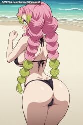 ai_generated aindroidparanoid ass ass_focus beach bicolored_hair big_ass big_breasts big_butt bikini blush braid breasts busty cameltoe demon_slayer from_behind green_eyes green_hair hourglass_figure huge_breasts kanroji_mitsuri kimetsu_no_yaiba large_breasts narrow_waist nipples outdoors pink_hair sand scared scream showing_ass stable_diffusion