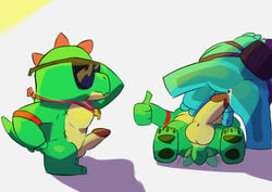 2boys anthro brawl_stars buzz_(brawl_stars) dinosaur duo gay group male male/male reptile scalie squeak_(brawl_stars)