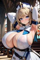 1girls ai_generated armpits arms_behind_head barbara_(genshin_impact) big_breasts blush breasts busty clothing curvy female ffee11-ai genshin_impact gigantic_breasts huge_breasts large_breasts massive_breasts voluptuous