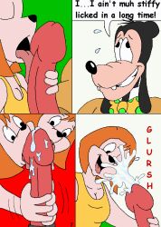 anthro black_hair black_nose bodily_fluids bow_tie breasts canid cleavage closed_eyes clothed clothed_male clothing comic comic_page cum debbie_dune dialogue disney duo ejaculation english_text female genital_fluids genitals goof_troop goofy_(disney) hair hand_on_penis incest_(lore) kthanid_(artist) licking male male/female mammal one_eye_closed open_mouth oral orange_hair page_7 page_number penile penis penis_lick sex shirt text tongue topwear