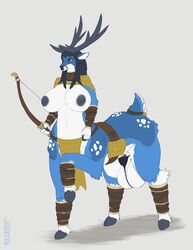 2021 animal_genitalia anthro armor bag balls big_balls big_breasts blue_body blue_fur bottomwear bow breasts cervid cervid_taur clothed clothing crown fully_sheathed fur furry futanari gauntlets genitals gloves gynomorph hair handwear hi_res hooves horn intersex loincloth looking_aside mammal mammal_taur nipples orange_eyes partially_clothed paws shadow sheath sheath_outline signature simple_background solo spots spotted_body spotted_fur taur thong tiara underwear white_spots wolfarion