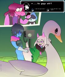 absurd_res anal anal_sex anthro anthro_penetrated bent_over black_hair blue_body blue_clothing blue_hat blue_headwear blue_skin blush boat bodily_fluids bovid camera caprine clothing deltarune deltarune_boat_scene doggy_style eyewear female femboy from_behind_position fur genital_fluids girly glasses goat green_background group hair hat headgear headwear hi_res horn human human_on_anthro human_penetrating human_penetrating_anthro interspecies jizuke_bluetide kris_(deltarune) lancer_(deltarune) male male/male mammal meme penetration picture_frame precum purple_body purple_eyes purple_hair purple_skin ralsei scalie sex simple_background susie_(deltarune) swan_boat text_box undertale_(series) vehicle video_games watercraft white_body white_fur