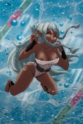 1girls asphyxiation barefoot breasts closed_eyes commission dark_skin drowning feet green_hair leotard nervana nipples peril puffy_cheeks rosalinde_(unicorn_overlord) underwater unicorn_overlord vicdezart water white_leotard