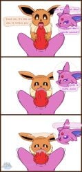 2020s 2025 ambiguous_penetrated animal_genitalia big_penis black_sclera brown_body brown_fur eevee eeveelution english_text espeon fellatio licking looking_at_another looking_pleasured looking_up majika masturbation nintendo oral oral_penetration penis penis_lick pokemon pokemon_(species) precum purple_body purple_fur purple_sclera saliva shaking speech_bubble tears text trembling white_background