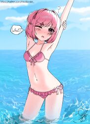 1female 1girls ? armpit armpits bikini bikini_bottom bikini_top blush breasts doki_doki_literature_club english_text female female_focus gianxander_ hair_intakes in_water natsuki_(doki_doki_literature_club) navel one_eye_closed pink_eyes pink_hair solo_focus speech_bubble swimwear text text_bubble water