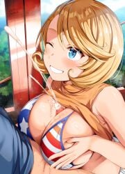 1boy 1girls absurd_res american_flag_bikini belko big_breasts bikini bikini_top blonde_bikini-san_(belko) blonde_female blonde_hair blue_eyes blush blush_lines breasts censored censored_penis cum cumshot dated ejaculation ejaculation_between_breasts eyebrows eyebrows_visible_through_hair female female_focus food_themed_hair_ornament grin hair hair_ornament hi_res light-skinned_female light-skinned_male light_skin mosaic_censoring one_eye_closed original original_character paizuri paizuri_lead_by_female paizuri_under_bikini penis penis_peek shirt shirt_up short_hair sweat window