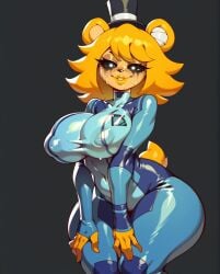 1girls 2024 2024s ai_generated anthro anthro_only belly_button belly_button_visible_through_clothing big_breasts black_background breasts fazclaire's_nightclub female female_focus female_only five_nights_at_freddy's fnaf fredina's_nightclub furry furry_female furry_only golden_freddy_(fnaf) golden_fredina_(cally3d) hat metroid navel navel_visible_through_clothes nintendo nipple_bulge rocksolidart running_mascara runny_makeup samus_aran_(cosplay) scottgames simple_background solo solo_female solo_focus tail thick_thighs thighs type_0 wide_hips zero_suit zero_suit_samus_(cosplay)