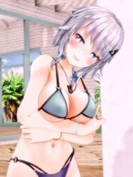 1girls 2022 3d_(artwork) belly_button bikini blue_bowtie blue_eyes breasts embodiment_of_scarlet_devil hairpin human light-skinned_female mmd necklace outdoors sakuya_izayoi smiling solo_female solo_focus swimsuit touhou white_hair white_hair_female yabuinu_mmder