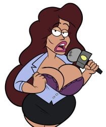 2d big_breasts blue_shirt buttoned_shirt cheekbones dark_skin disney female female_focus female_only gravity_falls latina lipstick maroon_hair microphone news_reporter oboithisisfunky puffy_lips purple_bra shandra_jimenez skirt taking_off_shirt undressing white_background