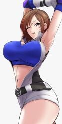 1girls asuka_kazama belt big_breasts black_belt breasts brown_eyes brown_hair clash_kuro_neko crop_top elbow_gloves female female_focus female_only fully_clothed gloves highres huge_breasts jacket kazama_asuka large_breasts light_blush looking_at_viewer midriff namco navel one_eye_closed open_mouth short_hair simple_background sleeveless sleeveless_jacket smile solo stretching tekken thick_thighs tomboy tongue twisted_torso white_background