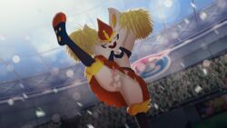 3d_(artwork) animal_genitalia anthro balls bottomwear cheerleader cheerleader_outfit cinderace closed_eyes clothed clothing digital_media_(artwork) erection fur generation_8_pokemon genitals hi_res lagomorph male male_only mammal nintendo nipples open_mouth penis pink_penis pokemon pokemon_(species) pom_poms public public_nudity raised_bottomwear raised_clothing raised_skirt sirpopmmd skirt smile solo stadium tapering_penis white_body white_fur zeklullaby