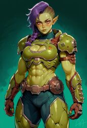 abs ai_generated armor artificialanaleptic asymmetrical_hair belt blush braid breastplate breasts brown_gloves cleavage cleavage_cutout clothing clothing_cutout colored_skin doom doom_eternal doom_slayer_(doom) ear_piercing earrings eyebrow_cut female fingernails gloves green_skin hair_over_shoulder jewelry large_breasts lips long_hair looking_at_viewer medium_breasts muscle muscular_arms muscular_female muscular_legs muscular_thighs navel nose obliques orc orc_female pauldron pauldrons piercing pointed_ears purple_hair red_eyes shoulder_armor single_braid solo solo_female spikes standing thick_thighs thighs tied_hair tusks undercut