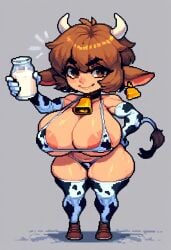 ai_generated civitai cow_ears cow_horns cow_print cowbell hucow huge_breasts milk_bottle pixel_art