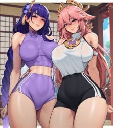 1girls 4narch157 abs ai_generated bare_arms bare_legs bare_shoulders bare_thighs big_breasts black_shorts blush clothed clothing color female female_focus female_only fit_female genshin_impact gym_clothes gym_uniform hi_res large_breasts light-skinned_female light_skin long_hair looking_at_viewer mihoyo muscles muscular muscular_female nipples_visible_through_clothing pink_hair purple_eyes purple_hair purple_shorts raiden_shogun shorts solo solo_female tagme thick_thighs yae_miko