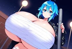 1girls ai_generated big_breasts blue_eyes blue_hair breasts breasts_bigger_than_head breasts_bigger_than_torso cleavage collarbone female female_focus female_only gigantic_breasts huge_breasts human large_breasts light-skinned_female light_skin massive_breastsr pachiisan short_hair solo solo_female solo_focus top_heavy underboob voluptuous voluptuous_female