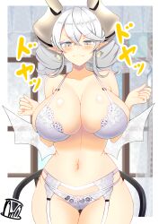 1girls :3 absurd_res bikini blush bra demon_girl demon_horns duel_monster earrings female huge_breasts japanese_text labrynth_of_the_silver_castle lingerie looking_at_viewer lovely_labrynth_of_the_silver_castle navel silver_hair smile solo tama_amata twintails underwear white_hair wings yu-gi-oh!