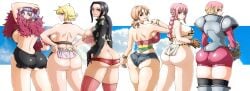 6girls anime ass back_view big_ass big_breasts bikini_armor carina_(one_piece) female female_only guarana_(one_piece) long_hair marguerite nami_(one_piece) nico_robin one_piece post-timeskip pre-timeskip rebecca_(one_piece) tight_clothing visible_ass wrato