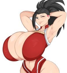 1girls armpit_stubble armpits artistdex big_breasts black_hair boku_no_hero_academia breasts female female_focus female_only hero_outfit_(mha) huge_breasts large_breasts large_tits massive_breasts massive_tits momo_yaoyorozu my_hero_academia shounen_jump solo wink