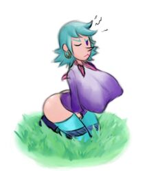 1girls big_breasts blue_hair breasts cheesyleaves earrings female female_only huge_breasts miriam_(wandersong) nipple_bulge one_eye_closed pointy_nose purple_eyes short_hair wandersong witch