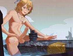 1boy aircraft aircraft_carrier blonde_hair blue_eyes boat cum discarded_clothing giant giant_femboy giant_male halo leo_(ban_hammer) macro necklace original penis perka speedo testicles