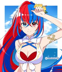 1girls alear_(female)_(fire_emblem) alear_(female)_(seaside_dragon)_(fire_emblem) alear_(fire_emblem) alternate_costume alternate_hairstyle bikini blue_bikini blue_eyes blue_hair blue_swimsuit breasts cleavage criss-cross_halter crossed_bangs female female_only fire_emblem fire_emblem_engage fire_emblem_heroes gold_armlet halterneck heterochromia komurice large_breasts long_hair multicolored_bikini multicolored_clothes multicolored_hair nintendo official_alternate_costume official_alternate_hairstyle ponytail red_bikini red_eyes red_hair red_swimsuit smile solo split-color_hair swimsuit two-tone_hair very_long_hair white_bikini white_swimsuit