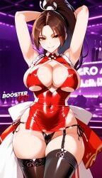 1girls adjusting_panties ai_generated arms_above_head bare_shoulder big_breasts bodycon boosterred99 bridal_gauntlets brown_eyes brown_hair busty cameltoe cleavage clothing_cutout covered_navel covered_nipples cutout dress female female_only king_of_fighters kof large_breasts latex_panties long_hair mai_shiranui parted_lips ponytail post-timeskip ring seductive seductive_smile sensual shiny_clothes side-tie_panties side_locks sideboob skirt smile solo stockings underboob voluptuous