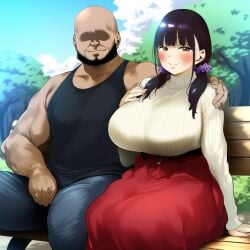 1boy 1girls ai_generated bench blunt_bangs blush blush dark_hair fat_man hair_tie holding huge_breasts jeans old_man older_male older_man_and_teenage_girl park red_skirt shoulder_grab skirt smile smiling smiling_at_viewer sweater tank_top tied_hair tree trees twintails ugly_bastard ugly_man white_sweater