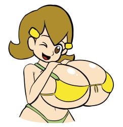 1girls 5-volt ;d alternate_breast_size bikini breasts brown_eyes brown_hair green_bikini_bottom hairclip holding_breast huge_breasts large_breasts looking_at_viewer milf mother nintendo open_mouth short_hair showing_off smile solo swimsuit warioware wink winking_at_viewer yellow_bikini_top zeroghostrei