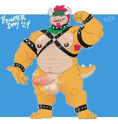 2024 absurd_res anklet anthro areola armband armpit_hair artist_name balls barazoku barefoot beard bedroom_eyes belly biceps blue_background body_hair border bowser bowser_day bracelet bulge claws clothing collar english_text erection eyebrows facial_hair feet flexing foreskin genitals hair hairy_balls harness hi_res horn jewelry koopa leather leather_daddy legband looking_at_viewer male mario_(series) moustache musclegut muscular muscular_anthro muscular_male musk musk_clouds narrowed_eyes navel nintendo nipple_piercing nipple_ring nipples nude outcast-stars pecs penis piercing pinup pose pubes ring_piercing scalie seductive simple_background smile smirk solo spiked_anklet spiked_armband spiked_bracelet spiked_collar spiked_legband spiked_tail spikes spikes_(anatomy) standing stubble super_mario_bros. tail teeth text underwear vein veiny_penis white_border