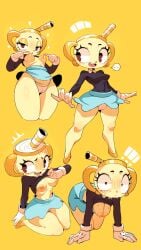 1girl 1girls 2024 2024s all_fours areola areolae black_clothing black_shirt black_topwear blue_miniskirt blue_skirt blush bottomwear brown_eyes camel_toe cameltoe chalice clothing_lift container cup cuphead:_the_delicious_last_course cuphead_(game) drinking_straw ellipsis embarrassed exclamation_point exposed_breasts eyelashes female female_focus female_only footwear for_a_head gloves handwear heart hearts huhujujuy inanimate_animate kneeling medium_breasts ms._chalice nipple_fetish nipple_play nipples not_furry open_mouth orange_shoes pale_skin panties presenting presenting_breasts seductive shirt shirt_lift shoes simple_background skirt solo solo_female solo_focus speech_bubble standing studio_mdhr thick_thighs thighs topwear underwear video_games white_gloves white_panties wide_eyed wide_hips wide_thighs yellow_background yellow_body yellow_clothing yellow_skin