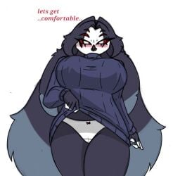 anthro avian big_breasts bird blush breasts clothing demon elderly female helluva_boss octavia_(helluva_boss) owl owl_demon pace-maker panties queen_octavia small_waist solo sweater thick_thighs topwear underwear wide_hips