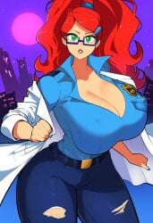 1girls aged_up ai_generated breasts cleavage clothing collared_shirt dan16369336 denim female female_only glasses green_eyes hourglass_figure jeans johnny_test_(series) lab_coat labcoat large_breasts lipstick long_hair looking_at_viewer mary_test off_shoulder police_uniform red_hair ripped_pants solo tagme thick_thighs twitter_link voluptuous voluptuous_female warner_brothers