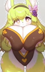 1girls artist_request big_breasts big_thighs breasts cute cute_face furry green_hair holding_breast long long_hair looking_at_viewer original original_character purple_eyes smile solo